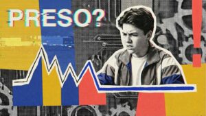 Colagem em estilo pop-art com um jovem expressando frustração. À frente, um gráfico de desempenho mostra altos e baixos que terminam em uma linha horizontal azul, acompanhado do texto "PRESO?". O fundo possui engrenagens e cores vibrantes.
