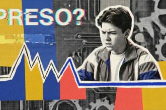 Colagem em estilo pop-art com um jovem expressando frustração. À frente, um gráfico de desempenho mostra altos e baixos que terminam em uma linha horizontal azul, acompanhado do texto "PRESO?". O fundo possui engrenagens e cores vibrantes.