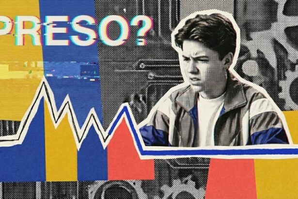 Colagem em estilo pop-art com um jovem expressando frustração. À frente, um gráfico de desempenho mostra altos e baixos que terminam em uma linha horizontal azul, acompanhado do texto "PRESO?". O fundo possui engrenagens e cores vibrantes.
