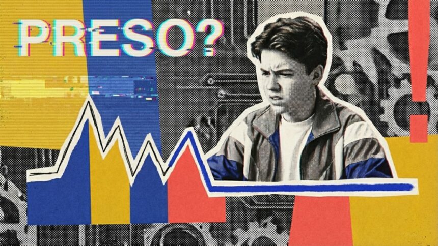 Colagem em estilo pop-art com um jovem expressando frustração. À frente, um gráfico de desempenho mostra altos e baixos que terminam em uma linha horizontal azul, acompanhado do texto "PRESO?". O fundo possui engrenagens e cores vibrantes.