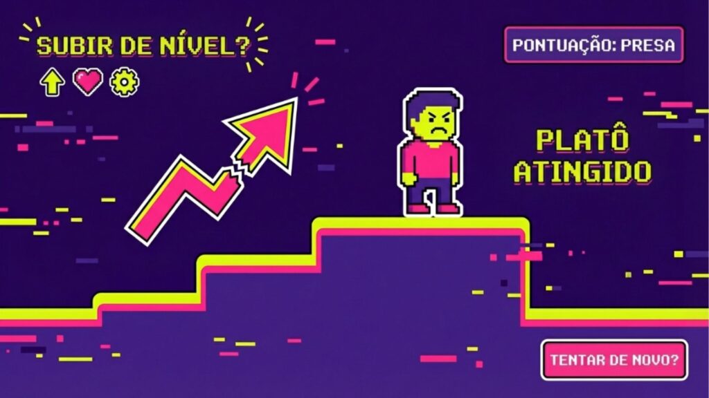 Ilustração em estilo pixel art de videogame 8-bits. Um personagem amarelo com expressão irritada está parado em um degrau com o texto "PLATÔ ATINGIDO". Uma seta de progresso rosa aparece quebrada ao lado, com as opções "SUBIR DE NÍVEL?" e "TENTAR DE NOVO?".