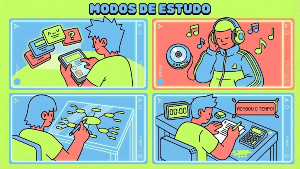 Infográfico ilustrado com o título "MODOS DE ESTUDO" dividido em quatro quadros: um estudante usando flashcards digitais, outro ouvindo áudio com fones de ouvido, um criando um mapa mental e o último fazendo um simulado contra o tempo com a mensagem "ACABOU O TEMPO!".