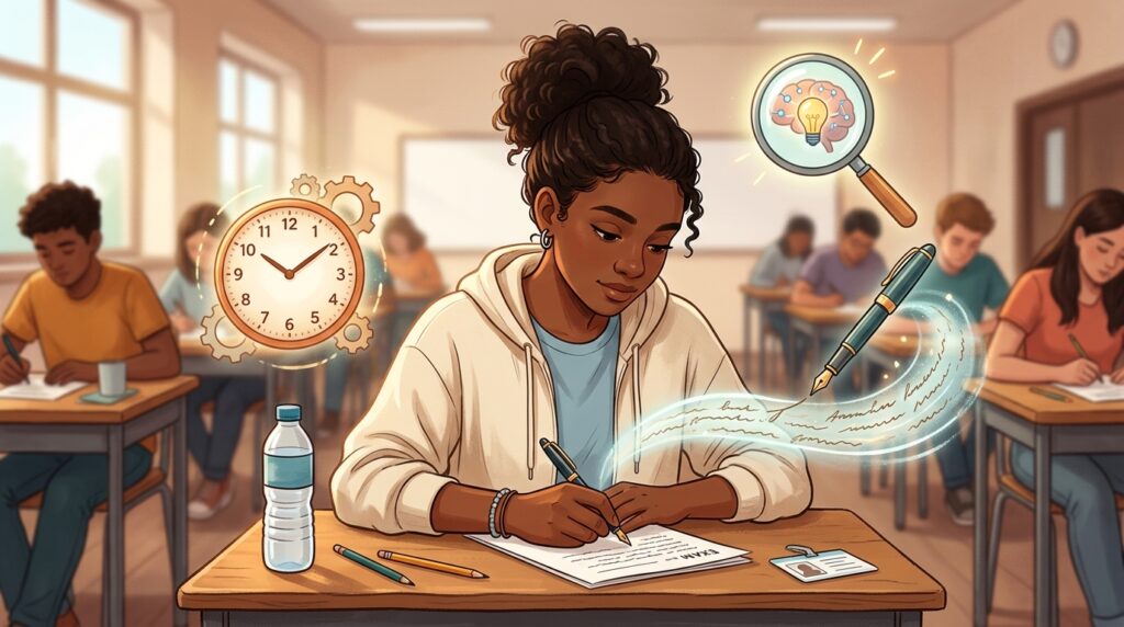 Ilustração de uma estudante negra concentrada fazendo uma prova em sala de aula. Ao redor dela, ícones flutuantes representam gestão de tempo (relógio com engrenagens), foco e análise (lupa sobre um cérebro com uma lâmpada) e escrita criativa (caneta tinteiro com rastro luminoso).