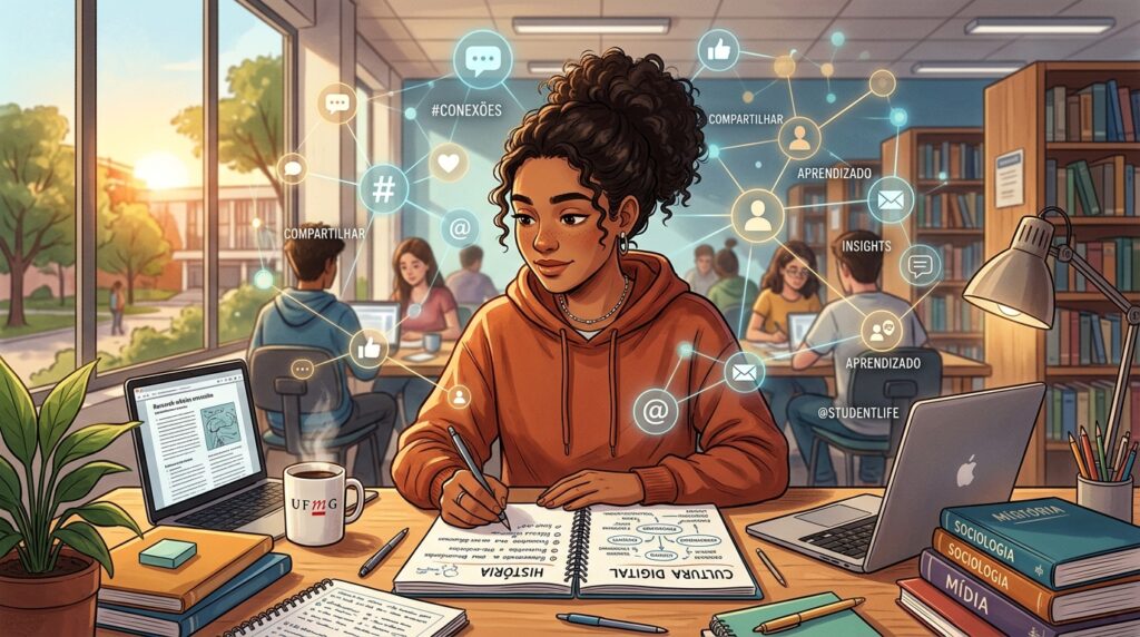 Estudante em uma biblioteca universitária cercada por uma rede digital de conexões. Os ícones flutuantes exibem termos como "aprendizado", "insights", "compartilhar" e "conexões". Sobre a mesa, há um notebook, livros de Sociologia e uma caneca com a sigla UFMG, simbolizando a cultura digital no ensino superior.