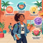 Infográfico ilustrado em um pátio escolar com uma jovem da "Geração Z". Acima dela, cinco círculos destacam habilidades do futuro: Comunicação, Trabalho em Equipe, Criatividade, Pensamento Crítico e Inteligência Emocional. Ao fundo, uma placa indica "Escola Pública" e outra "Habilidades do Futuro".