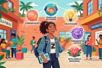 Infográfico ilustrado em um pátio escolar com uma jovem da "Geração Z". Acima dela, cinco círculos destacam habilidades do futuro: Comunicação, Trabalho em Equipe, Criatividade, Pensamento Crítico e Inteligência Emocional. Ao fundo, uma placa indica "Escola Pública" e outra "Habilidades do Futuro".