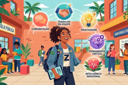 Infográfico ilustrado em um pátio escolar com uma jovem da "Geração Z". Acima dela, cinco círculos destacam habilidades do futuro: Comunicação, Trabalho em Equipe, Criatividade, Pensamento Crítico e Inteligência Emocional. Ao fundo, uma placa indica "Escola Pública" e outra "Habilidades do Futuro".