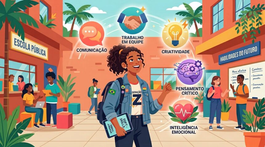 Infográfico ilustrado em um pátio escolar com uma jovem da "Geração Z". Acima dela, cinco círculos destacam habilidades do futuro: Comunicação, Trabalho em Equipe, Criatividade, Pensamento Crítico e Inteligência Emocional. Ao fundo, uma placa indica "Escola Pública" e outra "Habilidades do Futuro".