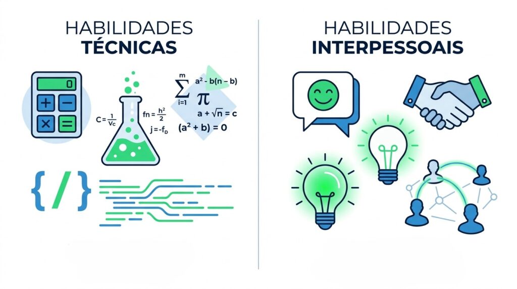 Comparativo visual entre Habilidades Técnicas e Habilidades Interpessoais. Do lado esquerdo (técnicas), ícones de calculadora, química, equações matemáticas e programação. Do lado direito (interpessoais), ícones de empatia, trabalho em equipe, ideias/luz e rede de networking.