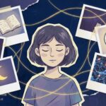 Ilustração de uma pessoa dormindo serenamente no centro, cercada por fotos estilo Polaroid conectadas por linhas de luz. As fotos mostram um livro aberto, um cérebro brilhando, a lua, um relógio marcando 22h e conexões neurais, simbolizando o processamento de informações durante o sono.