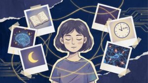 Ilustração de uma pessoa dormindo serenamente no centro, cercada por fotos estilo Polaroid conectadas por linhas de luz. As fotos mostram um livro aberto, um cérebro brilhando, a lua, um relógio marcando 22h e conexões neurais, simbolizando o processamento de informações durante o sono.