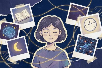 Ilustração de uma pessoa dormindo serenamente no centro, cercada por fotos estilo Polaroid conectadas por linhas de luz. As fotos mostram um livro aberto, um cérebro brilhando, a lua, um relógio marcando 22h e conexões neurais, simbolizando o processamento de informações durante o sono.