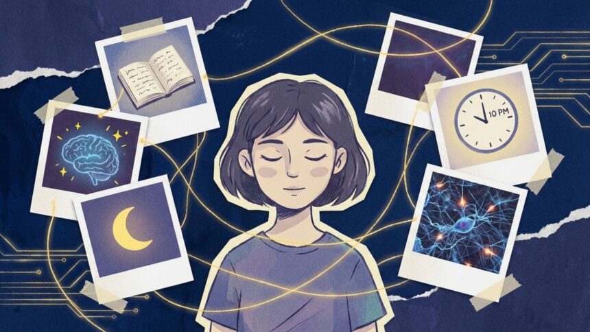 Ilustração de uma pessoa dormindo serenamente no centro, cercada por fotos estilo Polaroid conectadas por linhas de luz. As fotos mostram um livro aberto, um cérebro brilhando, a lua, um relógio marcando 22h e conexões neurais, simbolizando o processamento de informações durante o sono.