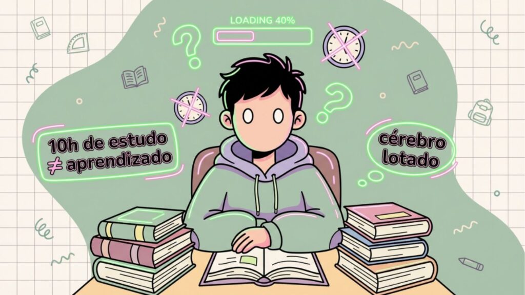 Ilustração de um estudante sentado à mesa com pilhas de livros, parecendo confuso. Balões de texto indicam "10h de estudo ≠ aprendizado" e "cérebro lotado". Acima dele, uma barra de carregamento em 40% e ícones de relógios riscados sugerem a ineficácia de estudar por longas horas sem descanso.