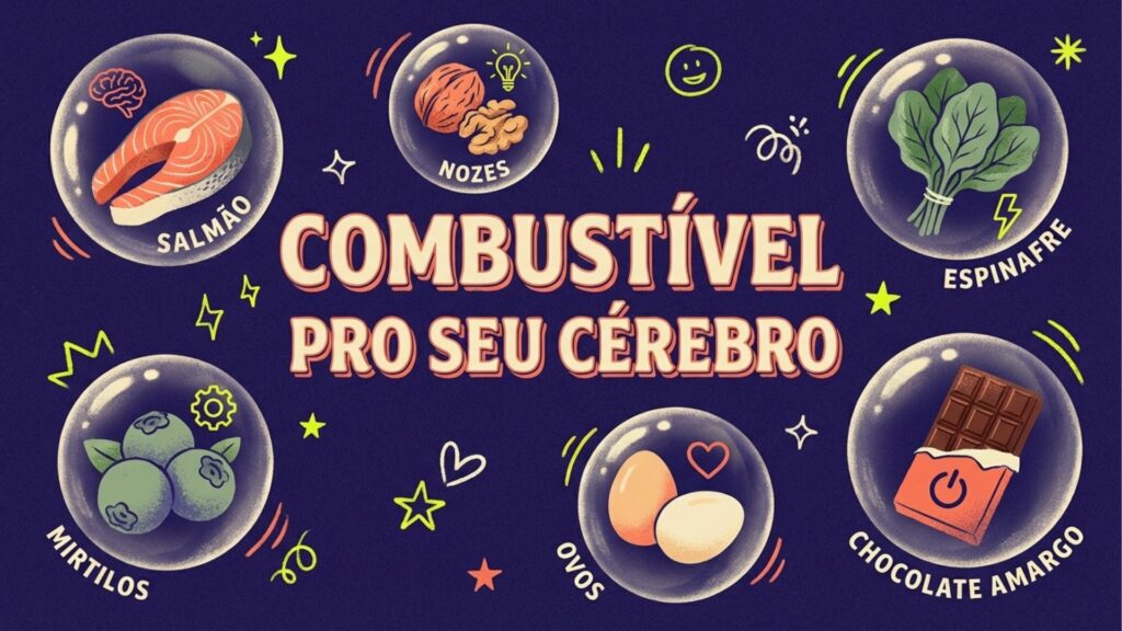 nfográfico ilustrado com o título "Combustível pro seu cérebro" sobre fundo azul escuro. Exibe seis alimentos em bolhas transparentes: salmão, nozes, espinafre, mirtilos, ovos e chocolate amargo, cada um acompanhado por ícones que remetem à saúde mental e energia.