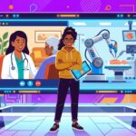 Ilustração colorida e moderna sobre tecnologia na saúde, mostrando uma mulher em destaque à frente de um grande painel digital. O painel exibe uma consulta de telemedicina entre médica e paciente idosa e, ao lado, um braço robótico realizando um procedimento cirúrgico de precisão.