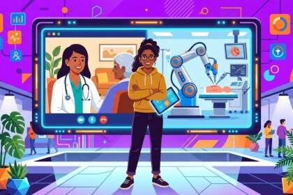 Ilustração colorida e moderna sobre tecnologia na saúde, mostrando uma mulher em destaque à frente de um grande painel digital. O painel exibe uma consulta de telemedicina entre médica e paciente idosa e, ao lado, um braço robótico realizando um procedimento cirúrgico de precisão.