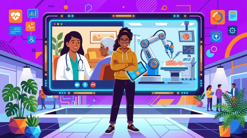 Ilustração colorida e moderna sobre tecnologia na saúde, mostrando uma mulher em destaque à frente de um grande painel digital. O painel exibe uma consulta de telemedicina entre médica e paciente idosa e, ao lado, um braço robótico realizando um procedimento cirúrgico de precisão.