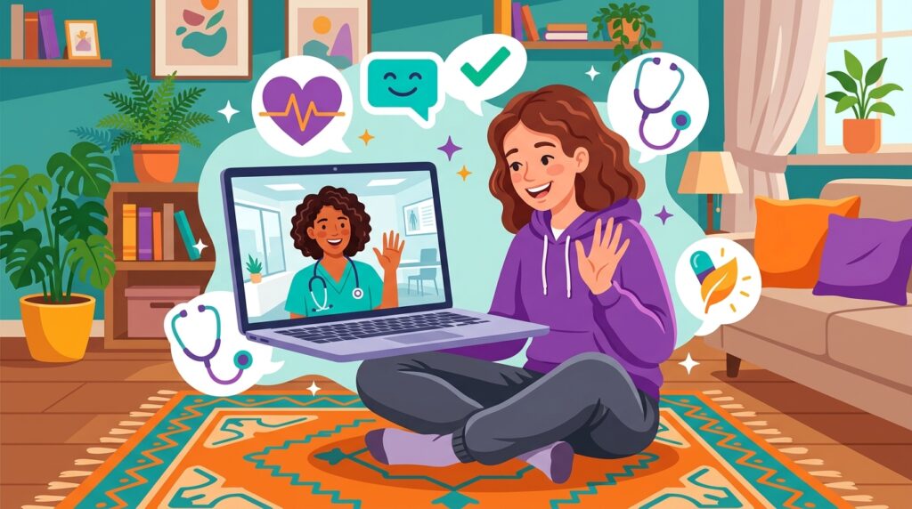 Ilustração de uma paciente jovem sentada no chão de sua sala, sorrindo e acenando durante uma consulta de telemedicina por notebook. Ao redor da tela, ícones flutuantes de batimentos cardíacos e estetoscópios reforçam o conceito de atendimento médico remoto humanizado.