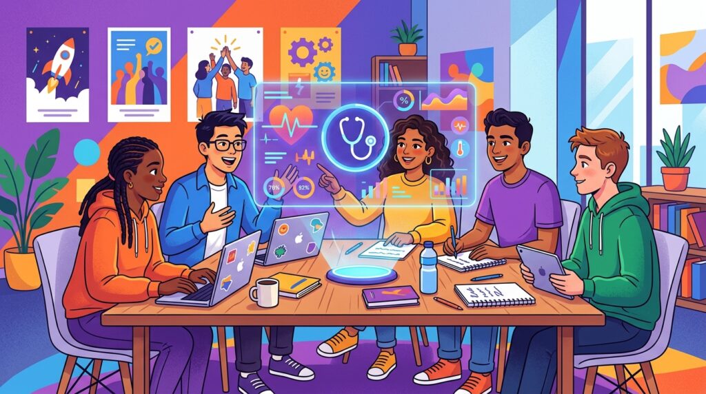 Grupo de cinco estudantes ou profissionais de saúde em uma reunião colaborativa ao redor de uma mesa de madeira. Eles discutem dados médicos visualizados através de um holograma central que mostra um coração e sinais vitais, utilizando laptops e tablets em um ambiente dinâmico.