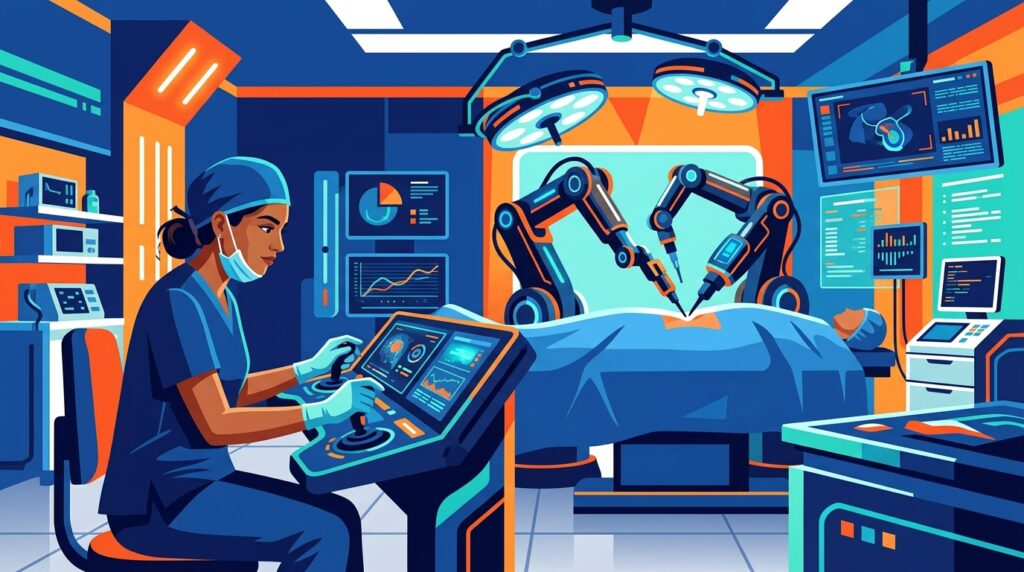 Médica cirurgiã operando um console de alta tecnologia com joysticks para controlar braços robóticos em uma sala de cirurgia moderna. A imagem destaca a precisão da cirurgia robótica assistida, com telas exibindo gráficos de monitoramento em tempo real.