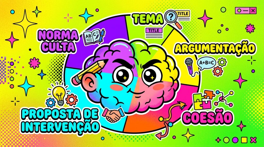 Uma ilustração digital vibrante em estilo cartoon apresenta, no centro, um personagem em formato de cérebro com expressão focada e um lápis na orelha, sobreposto a um gráfico circular que divide as cinco competências da redação em blocos coloridos com seus respectivos ícones: a seção roxa indica "Norma Culta" com o desenho de um livro; a verde destaca "Tema" com uma lupa; a amarela aponta "Argumentação" com um microfone e engrenagens; a rosa mostra "Coesão" com peças de quebra-cabeça se encaixando; e a azul-clara detalha "Proposta de Intervenção" com uma lâmpada e um aperto de mãos. O fundo possui um gradiente brilhante de amarelo e verde-limão decorado com estrelas e faíscas, compondo um visual dinâmico e educativo