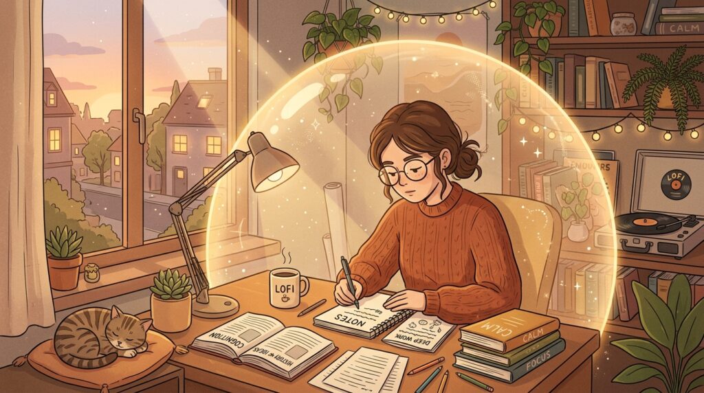 Ilustração aconchegante no estilo "lofi" de uma jovem com óculos e suéter laranja estudando concentrada em sua mesa. Ela está escrevendo em um caderno e é envolvida por uma bolha brilhante e transparente, que simboliza seu foco e isolamento das distrações. Na mesa de madeira, há uma luminária acesa, uma caneca escrita "LOFI", vários livros com títulos como "Deep Work", "Focus" e "Cognition", e um gato malhado dormindo tranquilamente em uma almofada. Ao fundo, uma janela mostra uma cidade ao pôr do sol, além de prateleiras com plantas, luzes decorativas e um toca-discos de vinil.