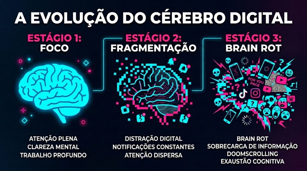 Infográfico de fundo escuro intitulado "A EVOLUÇÃO DO CÉREBRO DIGITAL", dividido em três fases. O "Estágio 1: Foco" mostra uma ilustração de um cérebro azul, brilhante e intacto, acompanhado dos textos "Atenção plena", "Clareza mental" e "Trabalho profundo". O "Estágio 2: Fragmentação" exibe o cérebro começando a se desfazer em pixels coloridos com ícones de notificação ao redor, com os textos "Distração digital", "Notificações constantes" e "Atenção dispersa". O "Estágio 3: Brain Rot" mostra o cérebro totalmente caótico, formado por logotipos de redes sociais (como TikTok, Instagram e YouTube), caveiras, celulares quebrados e rostos em desespero, com os textos "Brain rot", "Sobrecarga de informação", "Doomscrolling" e "Exaustão cognitiva