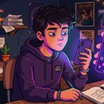 Ilustração de um jovem estudante com aparência exausta, grandes olheiras e olhar vidrado, sentado à sua mesa de estudos em um ambiente escuro iluminado apenas por luzes neon. Ele segura um smartphone que reflete uma luz roxa em seu rosto, ignorando os cadernos abertos e a caneta em sua mão. Em primeiro plano, uma mão gigante segura outro celular exibindo o feed de uma rede social, simbolizando o consumo de conteúdo. Na mesa, há pilhas de livros didáticos com lombadas indicando "ENEM", "História", "Português" e "Química". Na parede ao fundo, pôsteres de música e da "Lofi Girl" completam a cena que retrata a distração digital durante os estudos.