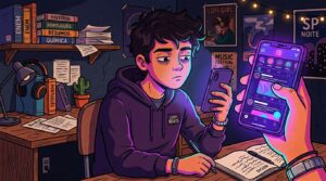 Ilustração de um jovem estudante com aparência exausta, grandes olheiras e olhar vidrado, sentado à sua mesa de estudos em um ambiente escuro iluminado apenas por luzes neon. Ele segura um smartphone que reflete uma luz roxa em seu rosto, ignorando os cadernos abertos e a caneta em sua mão. Em primeiro plano, uma mão gigante segura outro celular exibindo o feed de uma rede social, simbolizando o consumo de conteúdo. Na mesa, há pilhas de livros didáticos com lombadas indicando "ENEM", "História", "Português" e "Química". Na parede ao fundo, pôsteres de música e da "Lofi Girl" completam a cena que retrata a distração digital durante os estudos.