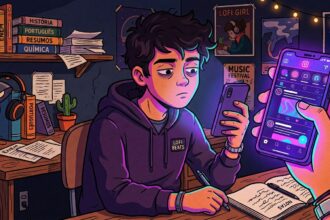 Ilustração de um jovem estudante com aparência exausta, grandes olheiras e olhar vidrado, sentado à sua mesa de estudos em um ambiente escuro iluminado apenas por luzes neon. Ele segura um smartphone que reflete uma luz roxa em seu rosto, ignorando os cadernos abertos e a caneta em sua mão. Em primeiro plano, uma mão gigante segura outro celular exibindo o feed de uma rede social, simbolizando o consumo de conteúdo. Na mesa, há pilhas de livros didáticos com lombadas indicando "ENEM", "História", "Português" e "Química". Na parede ao fundo, pôsteres de música e da "Lofi Girl" completam a cena que retrata a distração digital durante os estudos.