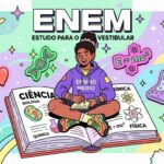 Ilustração digital em tons pastéis e estilo lúdico com o título superior "ENEM - ESTUDO PARA O VESTIBULAR". No centro da imagem, uma jovem estudante sorridente de pele negra e cabelos presos em um coque alto aparece sentada de pernas cruzadas sobre as páginas de um livro gigante aberto. Ela veste um moletom roxo com a inscrição "ENSINO MÉDIO", calça escura e tênis coloridos, enquanto faz anotações em um pequeno bloco de notas. O livro sob ela serve como um guia de estudos, mostrando claramente os tópicos "CIÊNCIAS", "BIOLOGIA", "QUÍMICA" e "FÍSICA" com desenhos de células e fórmulas. O plano de fundo exibe um padrão suave de ondas coloridas decorado com adesivos flutuantes divertidos, incluindo planetas com anéis, estrelas, um coração, uma hélice de DNA verde, um frasco de laboratório exalando fumaça e a fórmula de física E=mc^2 em um balão rosa.