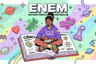 Ilustração digital em tons pastéis e estilo lúdico com o título superior "ENEM - ESTUDO PARA O VESTIBULAR". No centro da imagem, uma jovem estudante sorridente de pele negra e cabelos presos em um coque alto aparece sentada de pernas cruzadas sobre as páginas de um livro gigante aberto. Ela veste um moletom roxo com a inscrição "ENSINO MÉDIO", calça escura e tênis coloridos, enquanto faz anotações em um pequeno bloco de notas. O livro sob ela serve como um guia de estudos, mostrando claramente os tópicos "CIÊNCIAS", "BIOLOGIA", "QUÍMICA" e "FÍSICA" com desenhos de células e fórmulas. O plano de fundo exibe um padrão suave de ondas coloridas decorado com adesivos flutuantes divertidos, incluindo planetas com anéis, estrelas, um coração, uma hélice de DNA verde, um frasco de laboratório exalando fumaça e a fórmula de física E=mc^2 em um balão rosa.