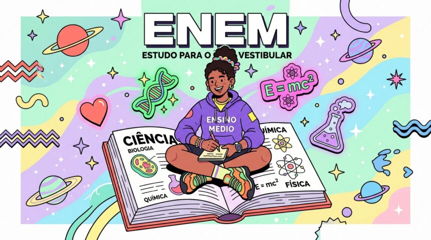 Ilustração digital em tons pastéis e estilo lúdico com o título superior "ENEM - ESTUDO PARA O VESTIBULAR". No centro da imagem, uma jovem estudante sorridente de pele negra e cabelos presos em um coque alto aparece sentada de pernas cruzadas sobre as páginas de um livro gigante aberto. Ela veste um moletom roxo com a inscrição "ENSINO MÉDIO", calça escura e tênis coloridos, enquanto faz anotações em um pequeno bloco de notas. O livro sob ela serve como um guia de estudos, mostrando claramente os tópicos "CIÊNCIAS", "BIOLOGIA", "QUÍMICA" e "FÍSICA" com desenhos de células e fórmulas. O plano de fundo exibe um padrão suave de ondas coloridas decorado com adesivos flutuantes divertidos, incluindo planetas com anéis, estrelas, um coração, uma hélice de DNA verde, um frasco de laboratório exalando fumaça e a fórmula de física E=mc^2 em um balão rosa.