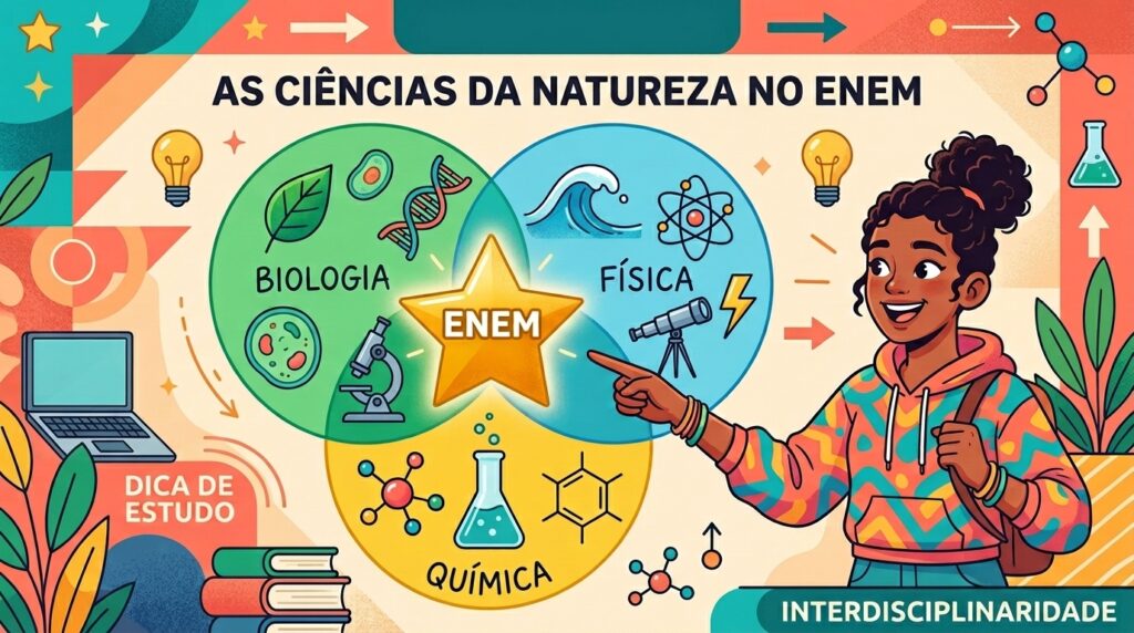Ilustração digital educativa com o título central "AS CIÊNCIAS DA NATUREZA NO ENEM". À esquerda, um diagrama de Venn com três círculos coloridos e sobrepostos ilustra a interconexão das matérias: o círculo verde representa a "BIOLOGIA" (com ícones de folha, célula e DNA); o azul indica a "FÍSICA" (com ondas, átomo e telescópio); e o amarelo destaca a "QUÍMICA" (com fórmulas estruturais e um balão de destilação). No centro exato da interseção dos três círculos, brilha uma grande estrela dourada com a palavra "ENEM". À direita, uma jovem estudante negra sorridente, com cabelos presos em um coque alto e vestindo um moletom colorido estampando padrões geométricos, aponta para o gráfico. O cenário de fundo inclui um notebook aberto com a inscrição "DICA DE ESTUDO" e a palavra "INTERDISCIPLINARIDADE" em uma faixa verde no canto inferior direito.
