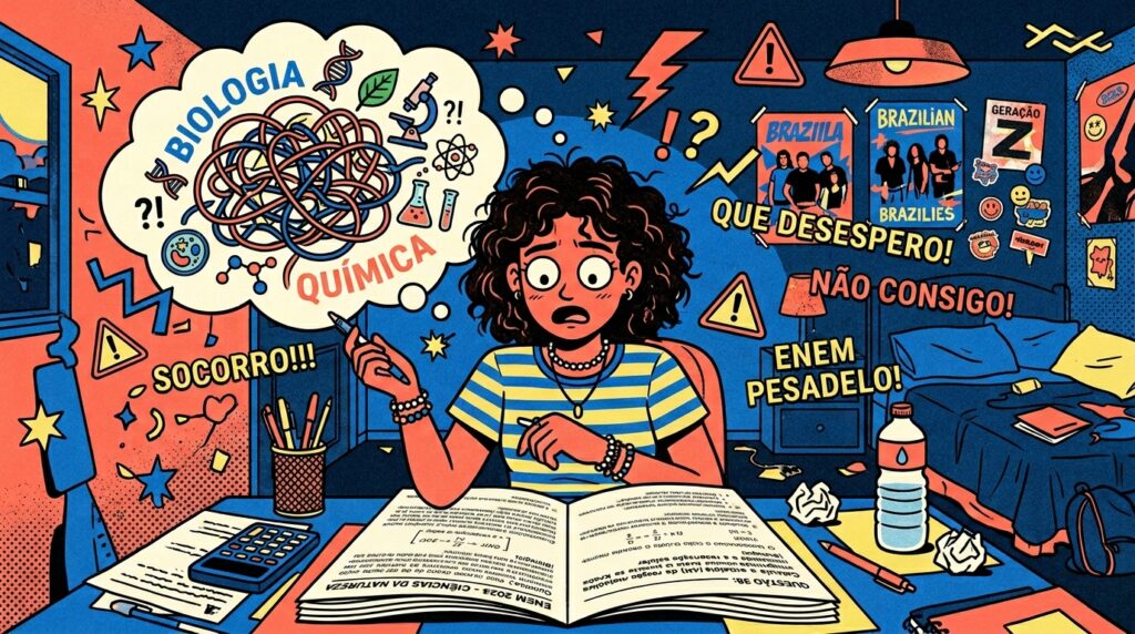 Ilustração em estilo cartoon expressivo retratando uma estudante de cabelos cacheados curtindo um momento de alta tensão e cansaço em sua escrivaninha. Ela está com os olhos arregalados e uma expressão de desespero enquanto segura uma caneta sobre um caderno de questões aberto intitulado "ENEM 2023 - CIÊNCIAS DA NATUREZA". No lado esquerdo da mesa há uma calculadora digital e um estojo de lápis. Acima de sua cabeça, um grande balão de pensamento exibe um emaranhado confuso e caótico de fios coloridos entre as palavras "BIOLOGIA" e "QUÍMICA", misturado a ícones de microscópio, átomos e tubos de ensaio. O cenário ao fundo mostra seu quarto decorado com pôsteres e preenchido por balões de diálogos flutuantes com frases pretas de desabafo como "SOCORRO!!!", "QUE DESESPERO!", "NÃO CONSIGO!" e "ENEM PESADELO!".