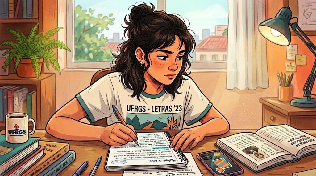 Ilustração em estilo anime de uma jovem de cabelos escuros e ondulados presos em um coque, concentrada em seus estudos. Ela veste uma camiseta branca com detalhes verdes onde se lê "UFRGS - LETRAS '23". Sentada a uma mesa de madeira, ela escreve com uma caneta em um caderno espiral aberto onde está escrito "Machado de Assis". À sua esquerda, há uma caneca com o logotipo da UFRGS sobre uma pilha de livros de literatura. À direita, vê-se um celular, uma luminária de mesa acesa e um livro aberto intitulado "História da Literatura Brasileira".