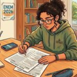 Ilustração em estilo anime de uma jovem de óculos e moletom verde com o logotipo da "UFRGS" concentrada em sua mesa de estudos. Ela usa um lápis para resolver e fazer anotações em um livreto oficial de exame onde se lê "ENEM 2026 - Caderno de Prova". Sobre a mesa de madeira, há também um estojo, um celular, um pequeno bloco de notas e uma cuia de chimarrão tradicional. Ao fundo, a parede exibe um cartaz com a inscrição "ENEM 2026" ao lado de uma estante de livros e de uma janela com vista para o exterior.