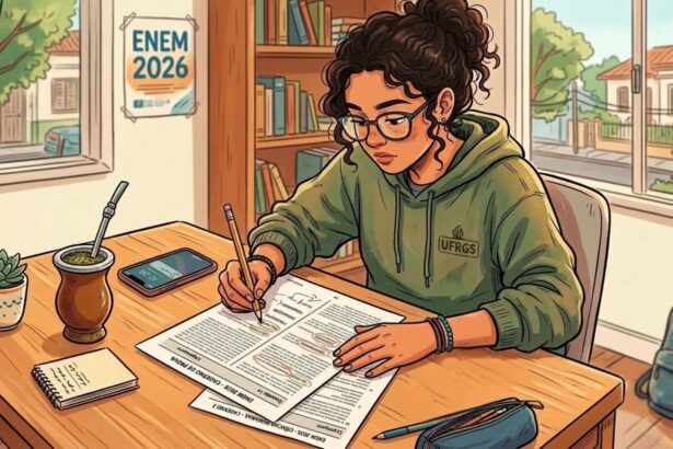 Ilustração em estilo anime de uma jovem de óculos e moletom verde com o logotipo da "UFRGS" concentrada em sua mesa de estudos. Ela usa um lápis para resolver e fazer anotações em um livreto oficial de exame onde se lê "ENEM 2026 - Caderno de Prova". Sobre a mesa de madeira, há também um estojo, um celular, um pequeno bloco de notas e uma cuia de chimarrão tradicional. Ao fundo, a parede exibe um cartaz com a inscrição "ENEM 2026" ao lado de uma estante de livros e de uma janela com vista para o exterior.