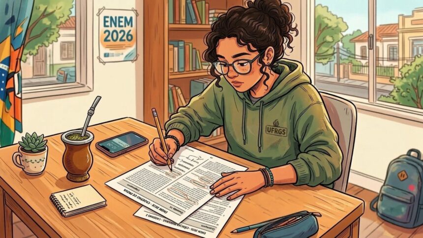 Ilustração em estilo anime de uma jovem de óculos e moletom verde com o logotipo da "UFRGS" concentrada em sua mesa de estudos. Ela usa um lápis para resolver e fazer anotações em um livreto oficial de exame onde se lê "ENEM 2026 - Caderno de Prova". Sobre a mesa de madeira, há também um estojo, um celular, um pequeno bloco de notas e uma cuia de chimarrão tradicional. Ao fundo, a parede exibe um cartaz com a inscrição "ENEM 2026" ao lado de uma estante de livros e de uma janela com vista para o exterior.