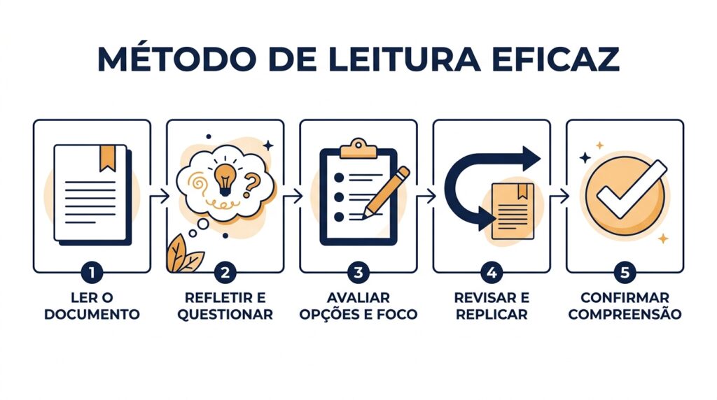 Infográfico moderno com fundo branco e ilustrações em linhas azuis com detalhes em amarelo, apresentando o "MÉTODO DE LEITURA EFICAZ". O processo é dividido em cinco etapas sequenciais conectadas por setas: 1. "Ler o documento" (ícone de uma página com marcador); 2. "Refletir e questionar" (ícone de uma nuvem de pensamento com uma lâmpada e um ponto de interrogação); 3. "Avaliar opções e foco" (ícone de uma prancheta com lista de checagem); 4. "Revisar e replicar" (ícone de um documento com uma seta curva de retorno); e 5. "Confirmar compreensão" (ícone de um círculo com um grande símbolo de visto).
