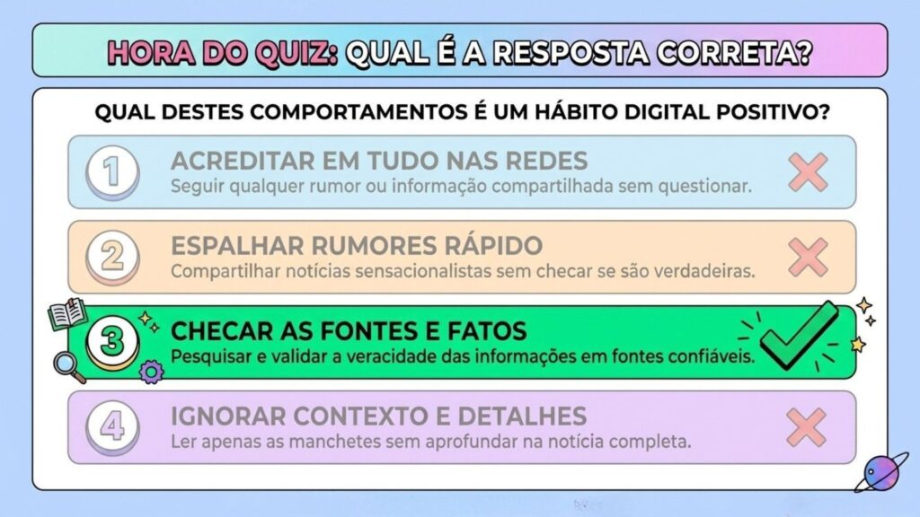 Um infográfico educativo em formato de quiz com o título "HORA DO QUIZ: QUAL É A RESPOSTA CORRETA?" e a pergunta central "Qual destes comportamentos é um hábito digital positivo?". Abaixo, há quatro alternativas dispostas em faixas coloridas. As opções 1 ("Acreditar em tudo nas redes"), 2 ("Espalhar rumores rápido") e 4 ("Ignorar contexto e detalhes") estão apagadas e marcadas com um "X" vermelho. A opção 3, "CHECAR AS FONTES E FATOS - Pesquisar e validar a veracidade das informações em fontes confiáveis", está destacada em verde vibrante com um grande símbolo de visto (check) positivo.