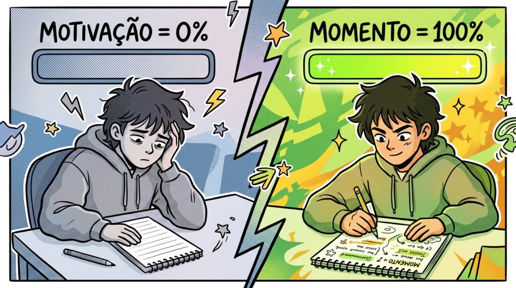 Uma ilustração em estilo de história em quadrinhos dividida ao meio por um raio, comparando dois estados mentais de um estudante. Do lado esquerdo, em tons cinzentos e melancólicos, lê-se "MOTIVAÇÃO = 0%" acima de uma barra de energia completamente vazia; o jovem aparece triste e cansado, debruçado sobre um caderno em branco. Do lado direito, em tons vivos de verde e amarelo, lê-se "MOMENTO = 100%" acima de uma barra de energia cheia e brilhante; o mesmo jovem agora veste um moletom verde e trabalha focado, sorrindo sutilmente enquanto preenche seu caderno com anotações e mapas mentais coloridos.