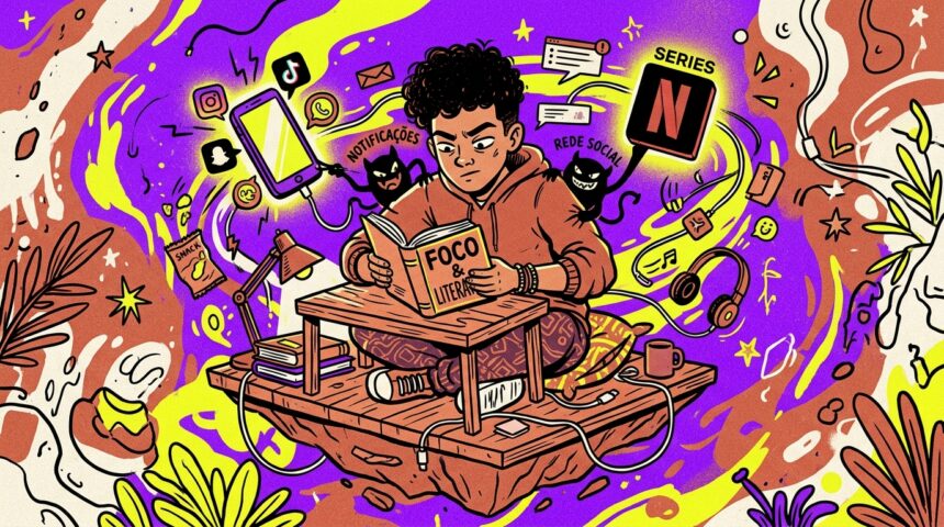 Uma ilustração vibrante e estilizada de um jovem de cabelos cacheados e moletom vermelho tentando ler um livro intitulado "FOCO & LITERATURA". Ele está sentado em uma plataforma flutuante de madeira e exibe uma expressão de forte concentração. Ao seu redor, há um turbilhão psicodélico de cores roxas e amarelas repleto de distrações: um celular flutuante exibindo logotipos de redes sociais, fones de ouvido, um pacote de salgadinho e pequenas criaturas escuras que simbolizam "NOTIFICAÇÕES" e "REDE SOCIAL", além de um grande ícone da Netflix com a palavra "SERIES".