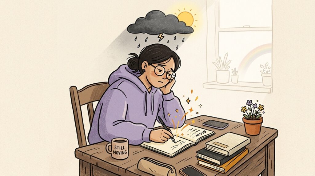 Uma ilustração delicada de uma jovem de óculos e moletom roxo sentada em sua escrivaninha de madeira, parecendo desanimada e apoiando o rosto na mão. Logo acima de sua cabeça, há uma nuvem escura de chuva com um raio, mas o sol começa a aparecer atrás dela. Apesar do clima melancólico, a jovem segura uma caneta e começa a escrever em um caderno a palavra "BEGIN..." (Começar), de onde brotam faíscas douradas e brilhantes. Na mesa, há livros empilhados e uma caneca com a frase "STILL MOVING" (Ainda em movimento). Ao fundo, uma janela revela um arco-íris discreto.