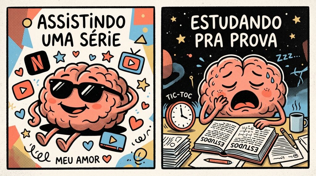 Uma ilustração em formato de quadrinho dividida em dois painéis que contrastam o comportamento do cérebro. No painel esquerdo, com o título "ASSISTINDO UMA SÉRIE", um cérebro caricato usa óculos escuros e sorri relaxado, cercado por corações, estrelas e ícones de plataformas digitais (como Netflix e YouTube), acompanhado da frase "MEU AMOR ❤️". No painel direito, intitulado "ESTUDANDO PRA PROVA", o mesmo cérebro aparece exausto, bocejando e suando em um cenário escuro. Ele está diante de um livro didático aberto, uma pilha de papéis, uma caneca de café e um relógio que marca o tempo com a inscrição "TIC-TOC".