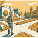 jovem com mochila em praça urbana olhando para prédio universitário ao fundo em tarde ensolarada (vestibular segundo semestre Pelotas)