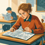 jovem estudante debruçada sobre caderno de prova com lápis em mãos, expressão de concentração, luz suave de sala de aula (como interpretar questões de vestibular)