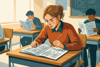 jovem estudante debruçada sobre caderno de prova com lápis em mãos, expressão de concentração, luz suave de sala de aula (como interpretar questões de vestibular)