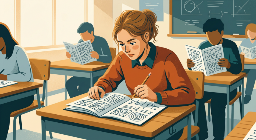 jovem estudante debruçada sobre caderno de prova com lápis em mãos, expressão de concentração, luz suave de sala de aula (como interpretar questões de vestibular)